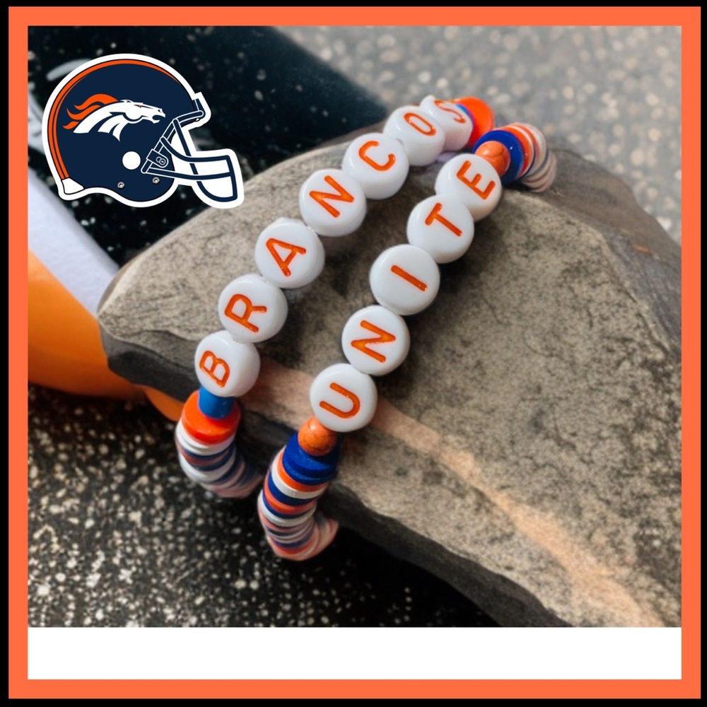 NFL -Brancos Unite -White, Orange & Blue Clay Beaded Bracelet set (New Handmade)